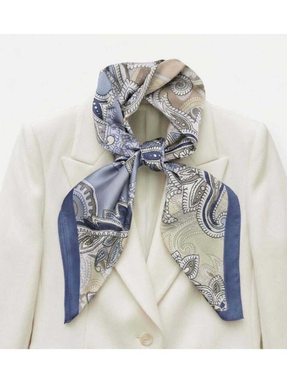 ✨Luxury Elegant Silky Square Scarf Navy Blue Silver Gray Tan Paisley Print Wrap✨